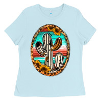 Baby Blue cowhide serape and sunflower cactus Ladies Tee - Jasminsmagicworld