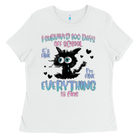 White i survived 100 days of school cat Ladies Tee - MaliasSmallBusiness