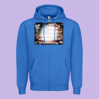 American Flag Cowhide Leopard Bleach Effect Zipper Hoodie Designed By Cowcowdesign