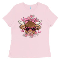 Bubblegum Pink cow with flowers and butterflies Ladies Tee - MaliasSmallBusiness