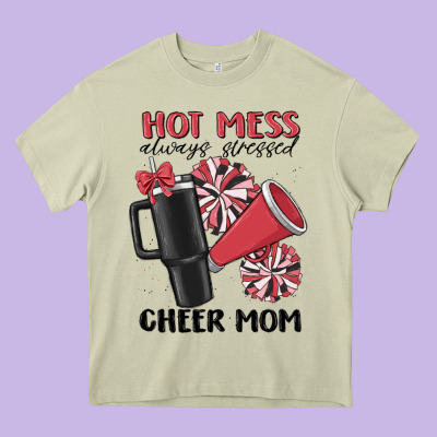 Hot Mess Always Stressed Cheer Mom Heavy Core Tee Designed By Maliassmallbusiness