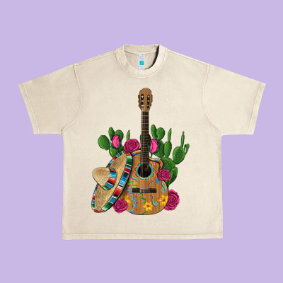 ,mexican Sombrero Guitar Rose Cactus Urban Heavy Tee Designed By Artiststas