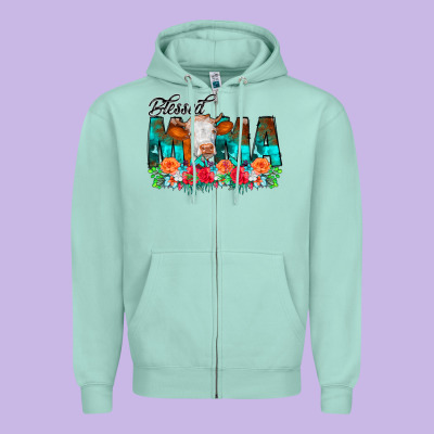 Blessed Mama Flowers Cow Zipper Hoodie Designed By Cowcowdesign