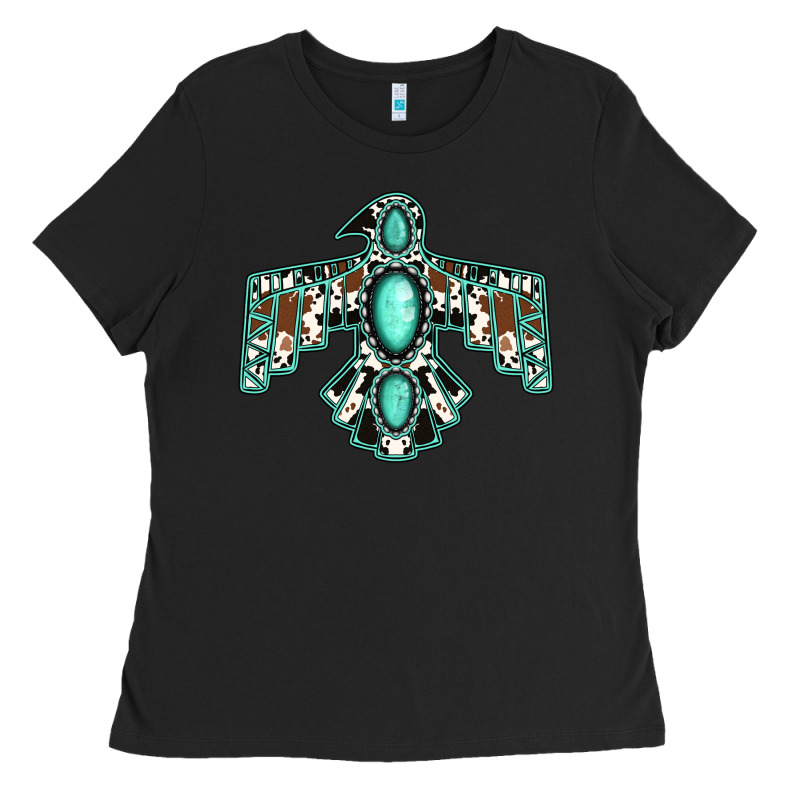 Cowhide Turquoise Thunderbird Ladies Tee by Jasminsmagicworld | Teevron