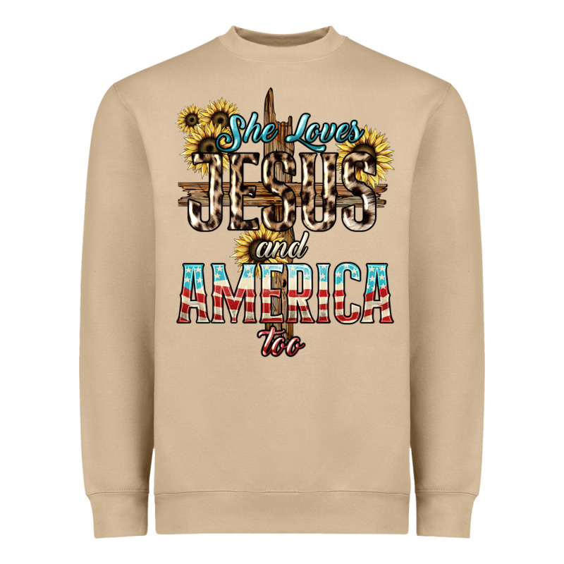 She Loves Jesus And America Too Sunflower Heavyweight Sweatshirt by HowdyJamesFarm | Teevron