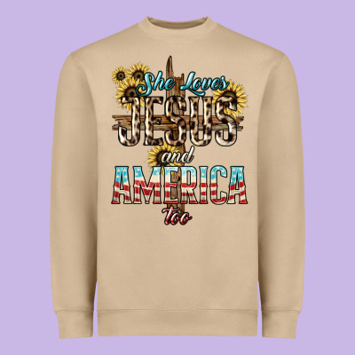 She Loves Jesus And America Too Sunflower Heavyweight Sweatshirt Designed By Howdyjamesfarm