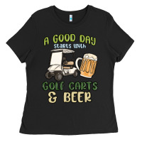 Black a god day starts with golf carts and beer Ladies Tee - MaliasSmallBusiness