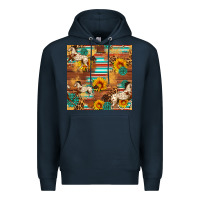 Navy Western Horse Sunflowers Gemstone Seamless Pattern Premium Hoodie - FaDigitalArtStudio