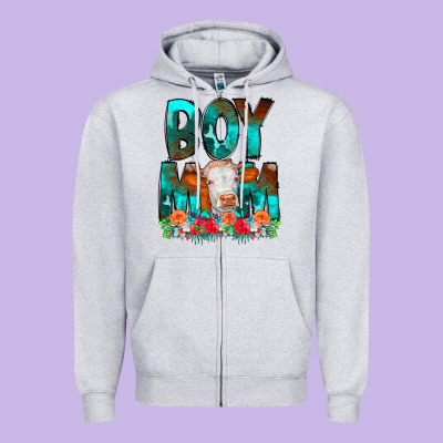 Boy Mom Flowers Cow Zipper Hoodie Designed By Cowcowdesign
