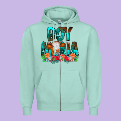 Boy Mama Flowers Cow Zipper Hoodie Designed By Cowcowdesign