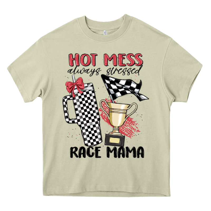 Hot Mess Always Stressed Race Mama Heavy Core Tee by MaliasSmallBusiness | Teevron