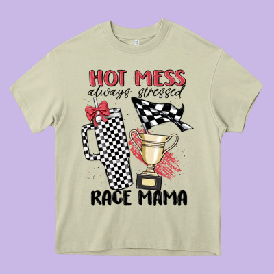 Hot Mess Always Stressed Race Mama Heavy Core Tee Designed By Maliassmallbusiness