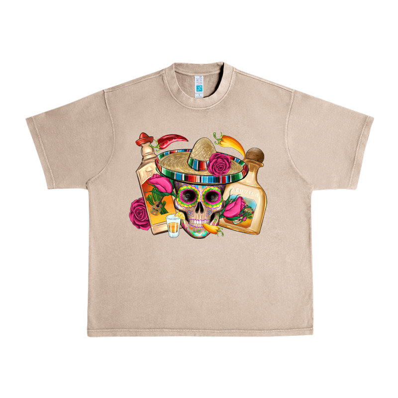 Mexican Skull Sombrero Tequila Bottle Paper Roses Urban Heavy Tee by Artiststas | Teevron