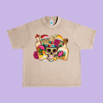 Mexican Skull Sombrero Tequila Bottle Paper Roses Urban Heavy Tee Designed By Artiststas
