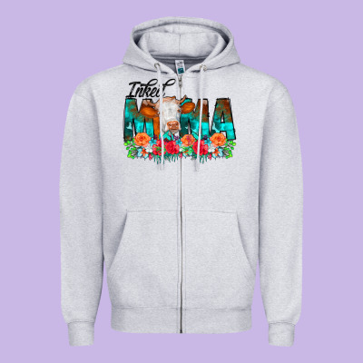 Inked Mama Flowers Cow Zipper Hoodie Designed By Cowcowdesign