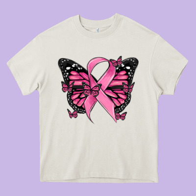 Breast Cancer Ribbon  Butterfly Heavy Core Tee Designed By Maliassmallbusiness