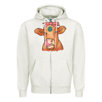 Oatmeal Heather Cow  Turquoise Zipper Hoodie - CowCowDesign