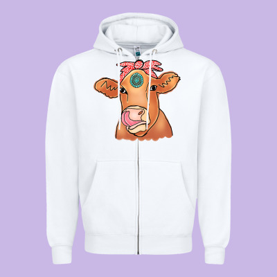 Cow  Turquoise Zipper Hoodie Designed By Cowcowdesign