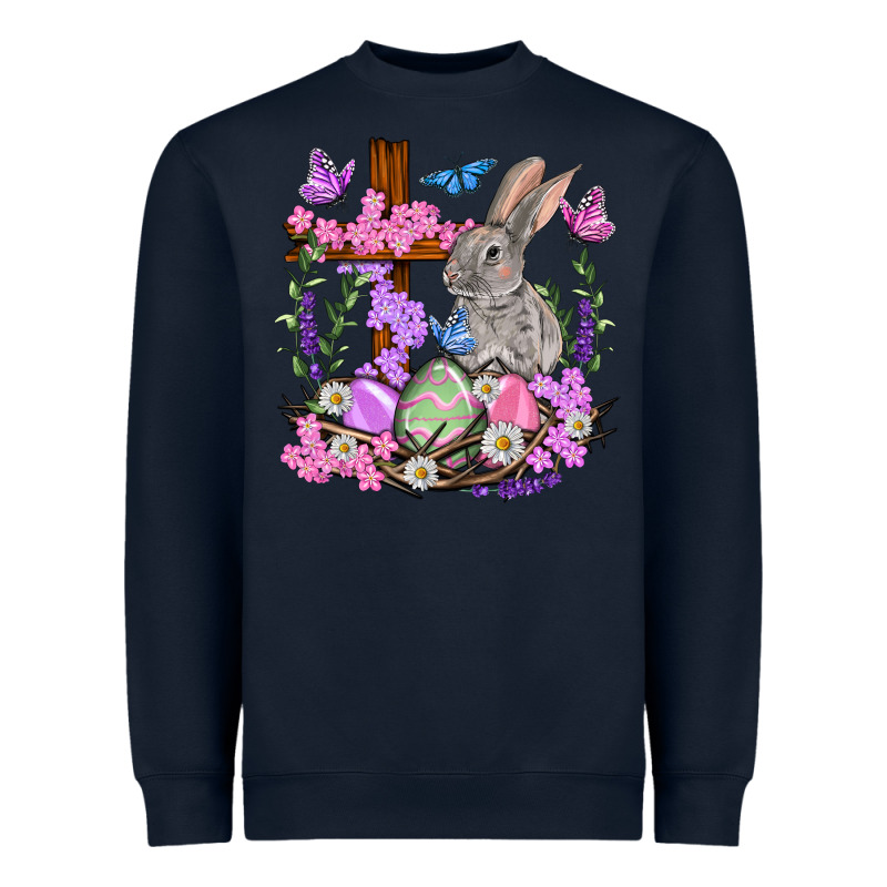 Easter Eggs And Bunny With Cross Easter Day Heavyweight Sweatshirt by HowdyJamesFarm | Teevron