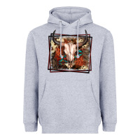 Heather Grey Western Bull Skull Heavyweight Hoodie - FaDigitalArtStudio