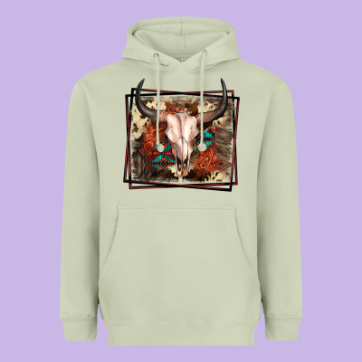 Western Bull Skull Heavyweight Hoodie Designed By Fadigitalartstudio