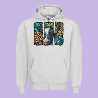 Floral Cow Leopard Gemstone Zipper Hoodie Designed By Cowcowdesign