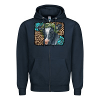 Navy Floral Cow Leopard Gemstone Zipper Hoodie - CowCowDesign