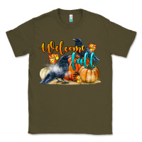 Army Green Welcome Fall With Crow Classic Tee - LillyAllenDesigns