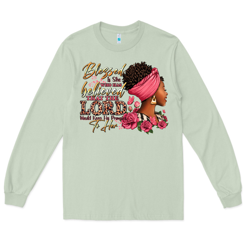 Blessed Is She Who Has Believed Afro Woman Long Sleeve Tee by RanaPortraitStore | Teevron
