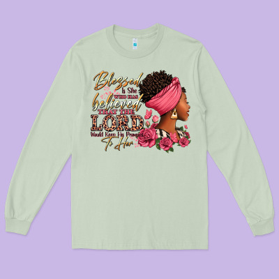 Blessed Is She Who Has Believed Afro Woman Long Sleeve Tee Designed By Ranaportraitstore
