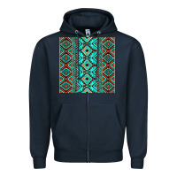 Navy Aztec Turquoise Pattern Zipper Hoodie - CowCowDesign