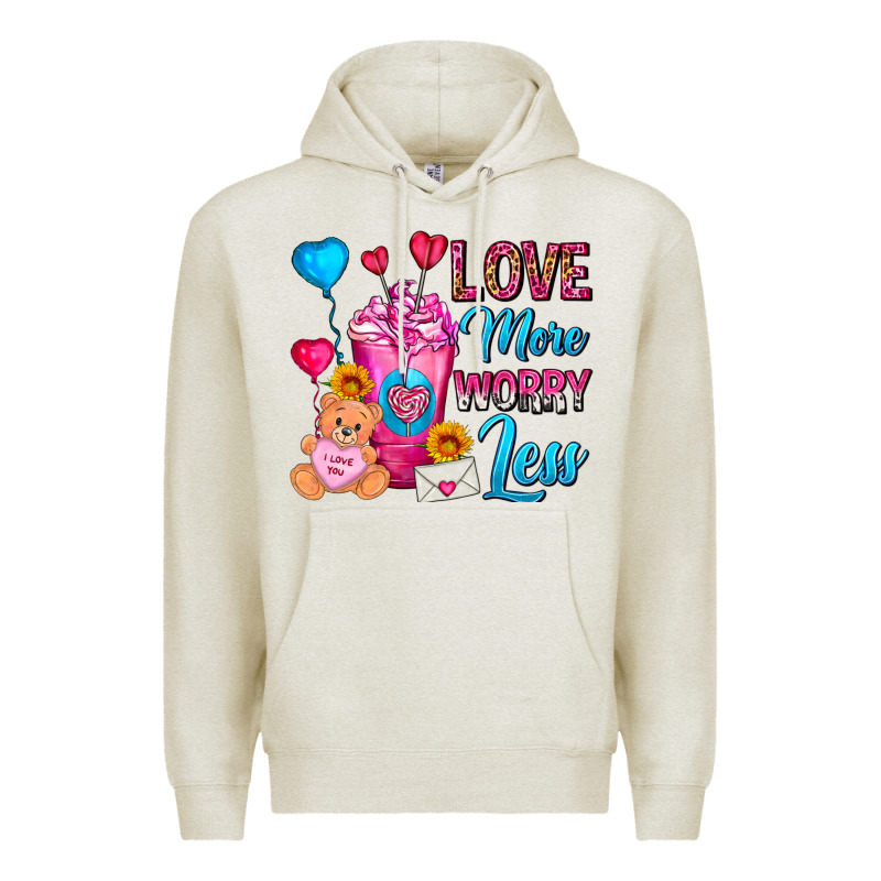Love More Worry Less Valentines Day Cold Drink Premium Hoodie by FaDigitalArtStudio | Teevron