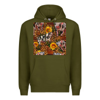 Army Green Western Spotted Pig With Sunflowers Seamless Premium Hoodie - FaDigitalArtStudio