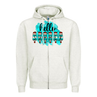 Oatmeal Heather Hello Summer Serape Turquoise Zipper Hoodie - CowCowDesign