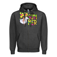 Charcoal Heather Hello Summer Unicorn Zipper Hoodie - CowCowDesign