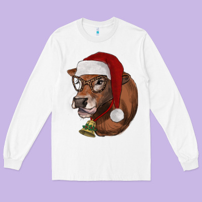 Christmas Glasses Heifer Long Sleeve Tee Designed By Ranaportraitstore