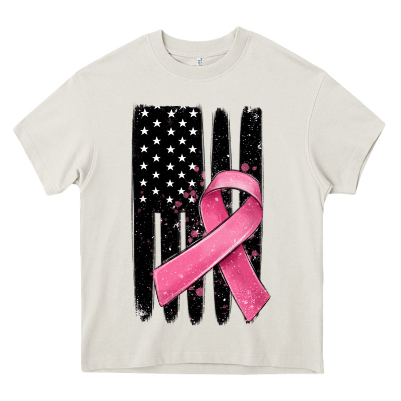 Breast Cancer Ribbon American Flag Heavy Core Tee by MaliasSmallBusiness | Teevron