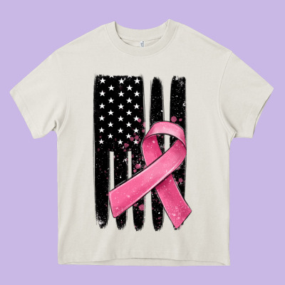 Breast Cancer Ribbon American Flag Heavy Core Tee Designed By Maliassmallbusiness