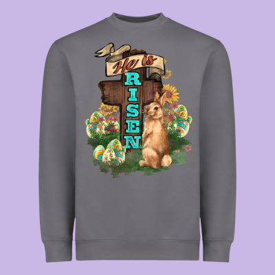 He Is Risen Bunny Cross Easter Day Heavyweight Sweatshirt Designed By Howdyjamesfarm