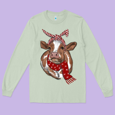 Christmas Scarf Heifer Long Sleeve Tee Designed By Ranaportraitstore