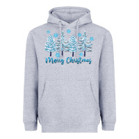 Heather Grey merry christmas blue trees Heavyweight Hoodie - FaDigitalArtStudio
