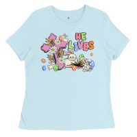 Baby Blue he lives with bunnys and eggs Ladies Tee - MaliasSmallBusiness