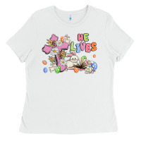 White he lives with bunnys and eggs Ladies Tee - MaliasSmallBusiness