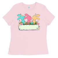 Bubblegum Pink easter bunny trio Ladies Tee - MaliasSmallBusiness