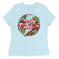 Baby Blue happy teacher lighting bolt Ladies Tee - MaliasSmallBusiness