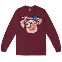 Burgundy american flag with pig Long Sleeve Tee - RanaPortraitStore