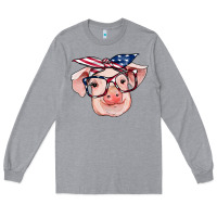 Heather Grey american flag with pig Long Sleeve Tee - RanaPortraitStore