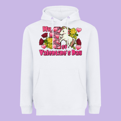 My First Valentine's Day Unicorn Heavyweight Hoodie Designed By Fadigitalartstudio