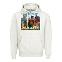 Oatmeal Heather Farm animals 20oz Zipper Hoodie - OliviaCreatesArt