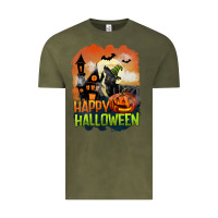 Vintage Olive Happy Halloween With Black Cat Vintage Tee - LillyAllenDesigns